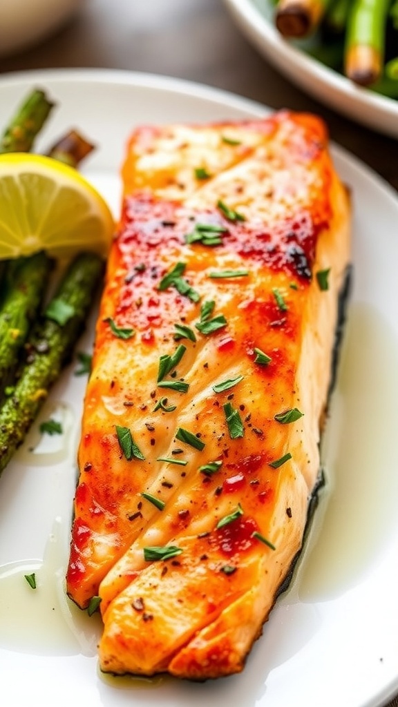 Crispy Air Fryer Salmon with Olive Oil Crispy air fryer salmon fillet garnished with herbs and lemon, served with vegetables.
